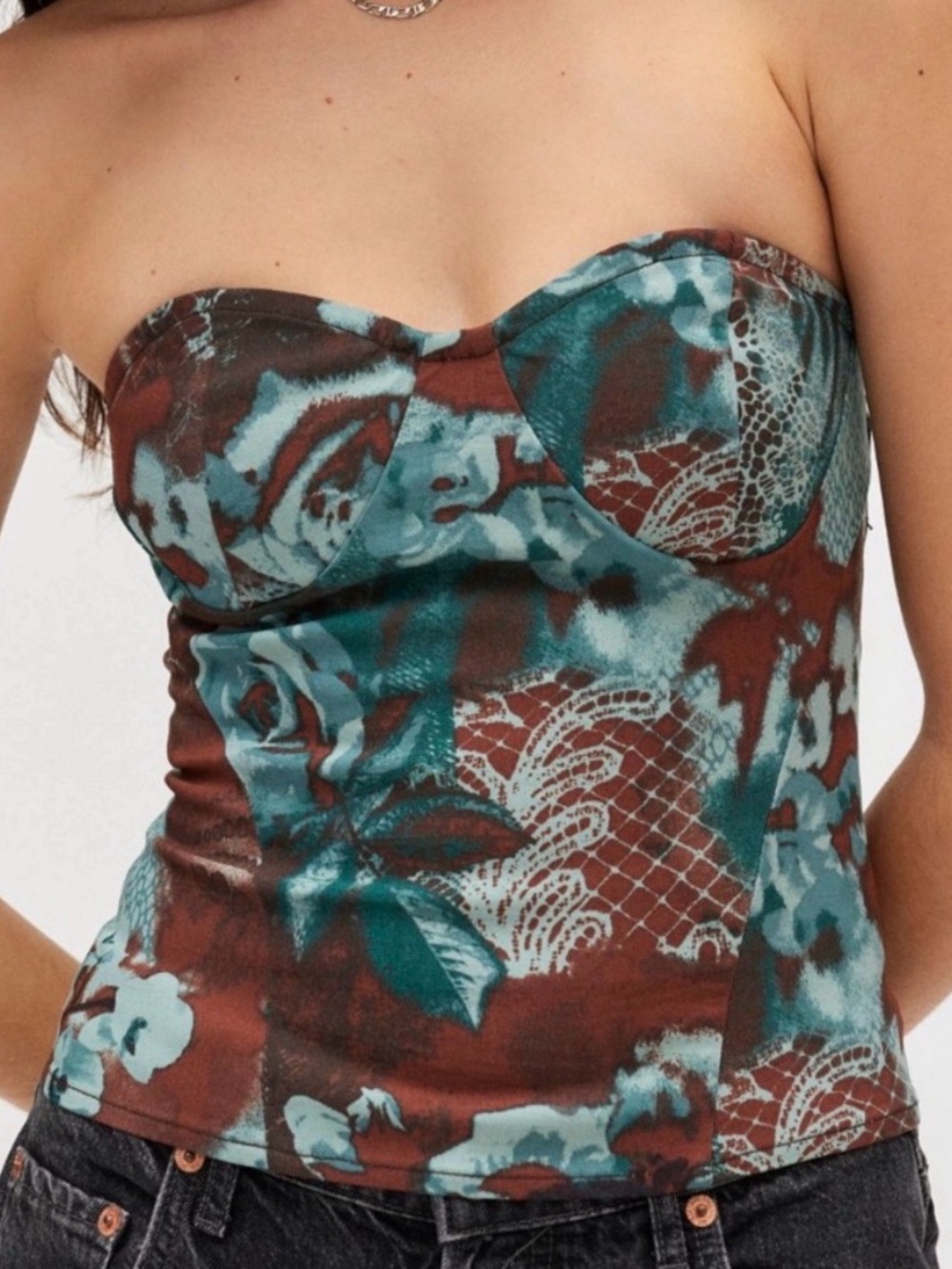 silence + noise Strapless Bustier Top in Teal and Brown Floral